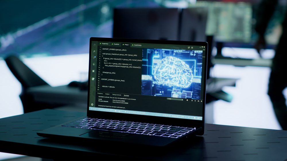 Military personnel working next to AI brain neural network in a command post