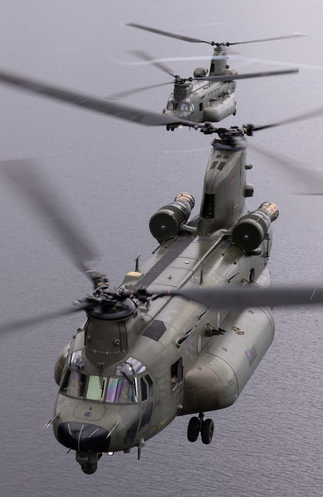 RAF Chinooks fly on Exercise TARTAN TUSKER